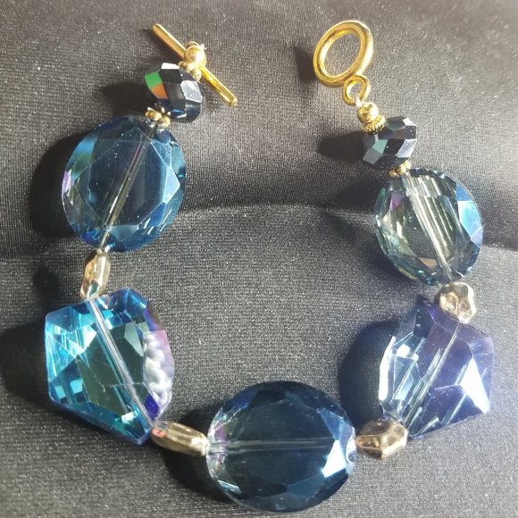 Cobalt Blue Statement Necklace & Bracelet Iridescent Faceted Glass Bead Jewelry - Picture 8 of 9